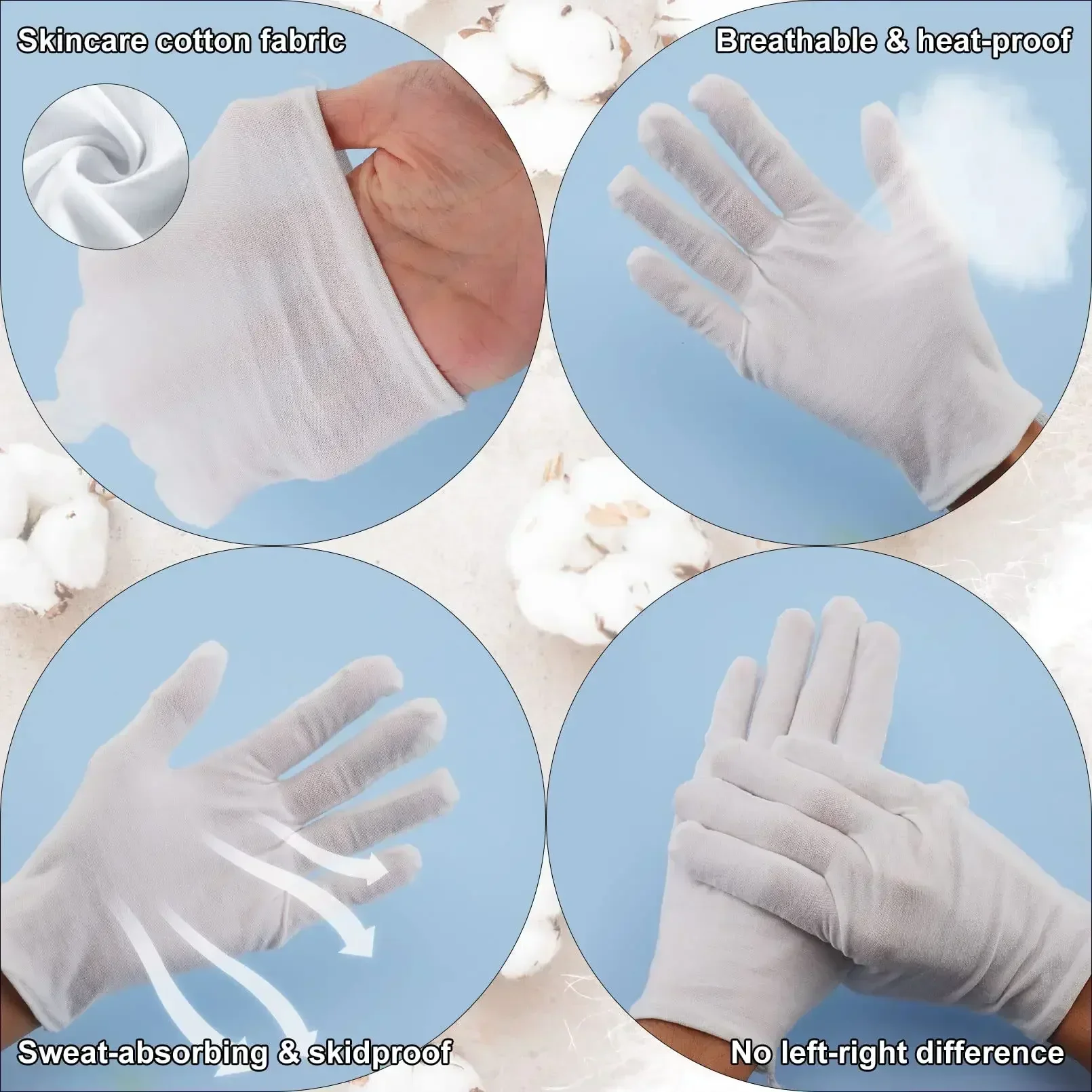 Guantes de trabajo blancos de algodón suave para manos secas, guantes de SPA de película, Guantes de alto estiramiento, herramientas de limpieza del hogar