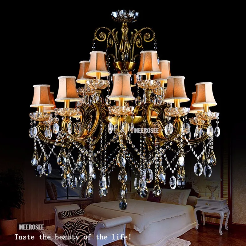 Big Crystal Chandelier Indoor Lighting Fixture Antique Brass Large Pendant Suspension Lamp Lustres with Lampshade MD8504-L15