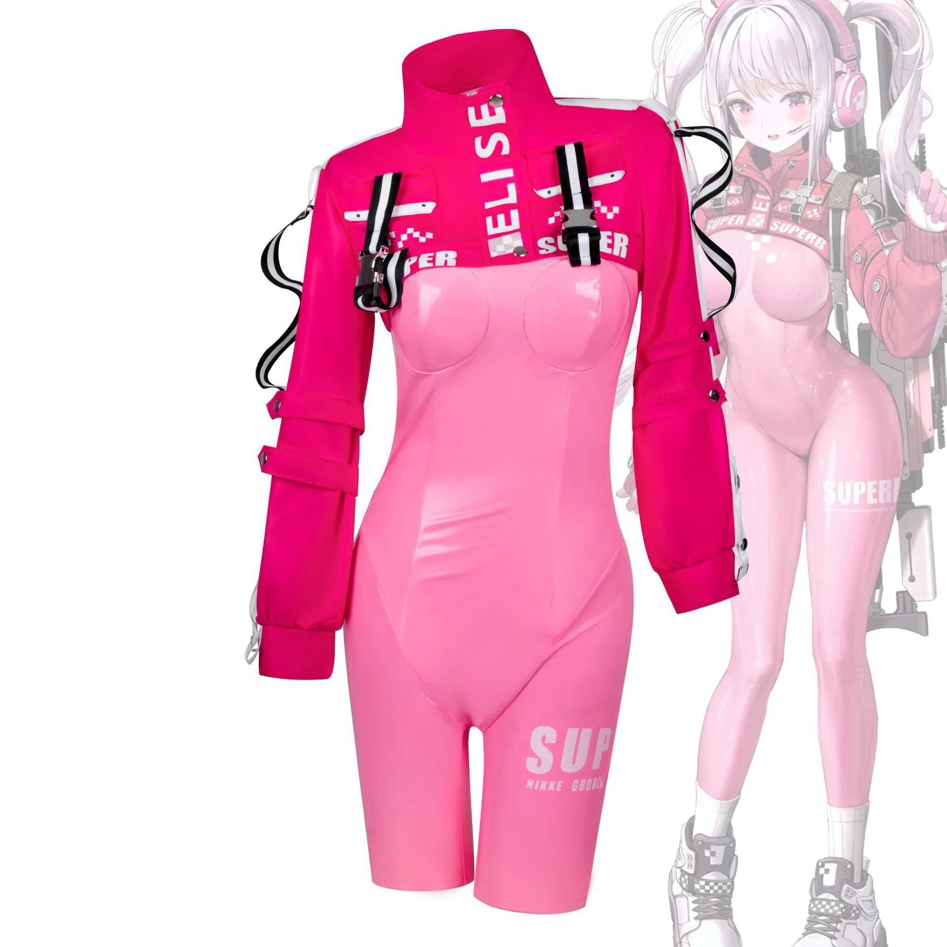 

Goddess of Victory NIKKE Alice Cosplay Costume, Pink Bodysuit with Crop Top & Accessories, Anime Outfit for Halloween &Comic Con