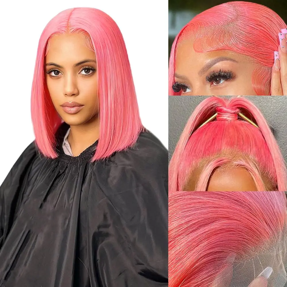 

Pink Bob Wigs Human Hair 13x4 Bob Transparent Lace Front Human Hair Wigs Pre Plucked Brazilian Remy Short Bob Human Hair Wigs