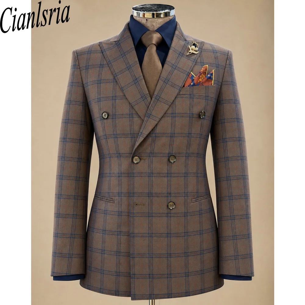 Men's Double Breasted Plaid Suit Slim Fit Brown Windowpane Check Blazer Business Casual Wedding Groom Tuxedo