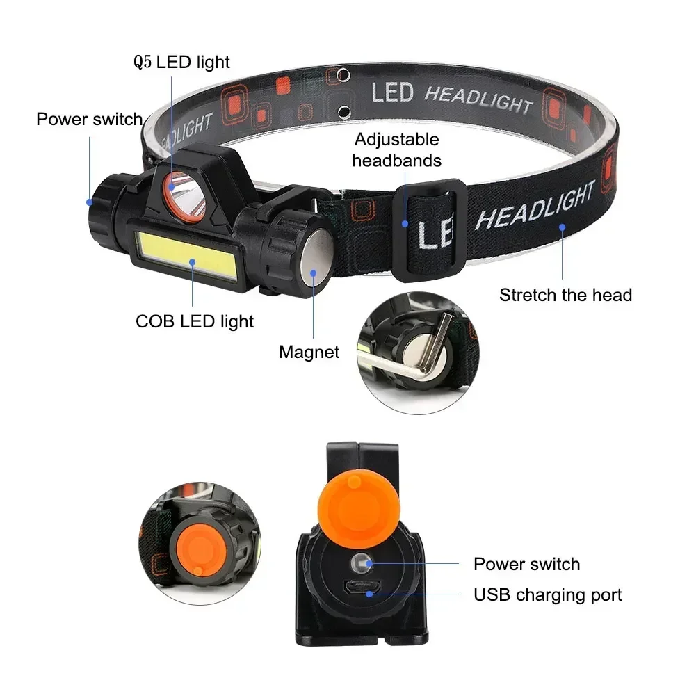 USB Rechargeable High Power LED Headlamp COB LED Flashlight Portable Headlight Powerful Outdoor Head Lantern Adjustable Magnet