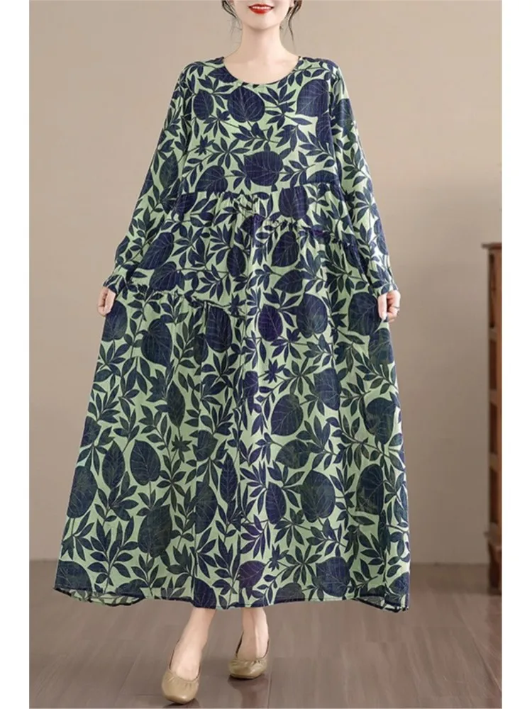 Abito autunnale oversize da donna fiore floreale moda cotone lino abiti da donna abito casual allentato pieghettato con volant