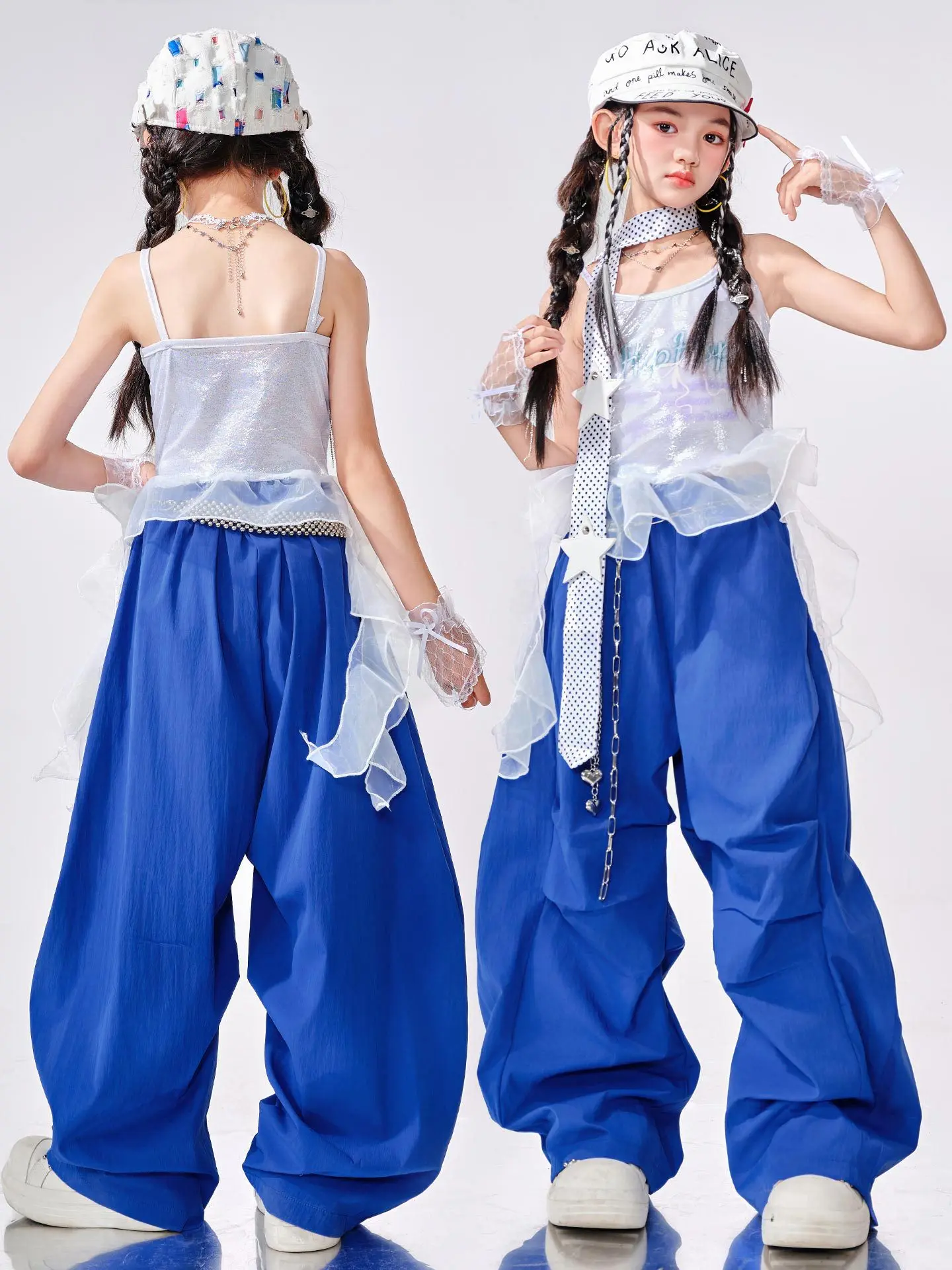 Trend Girls Street Wear Hip Hop Dance Clothes Jazz Dance Tops Blue Pants Stage Performance Costume Summer Kids Suit