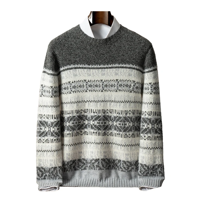 

Свитер из 100% чистого кашемира, мужской свитер с круглым вырезом, двойная утолщенная пряжа с цветочным принтом, свободный вязаный свитер, базовый слой, свитер, верхняя одежда