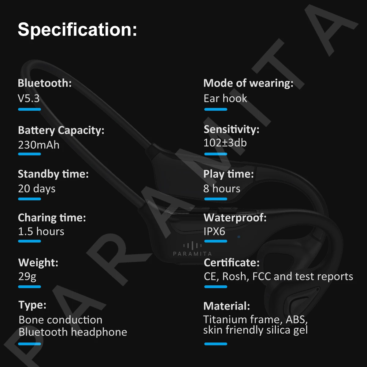 PARAMITA-Écouteurs Sans Fil Bluetooth BT5.3 à Conduction Sophia, Casque de dehors Étanche avec Micro pour Entraînements, Course à Pied et Conduite