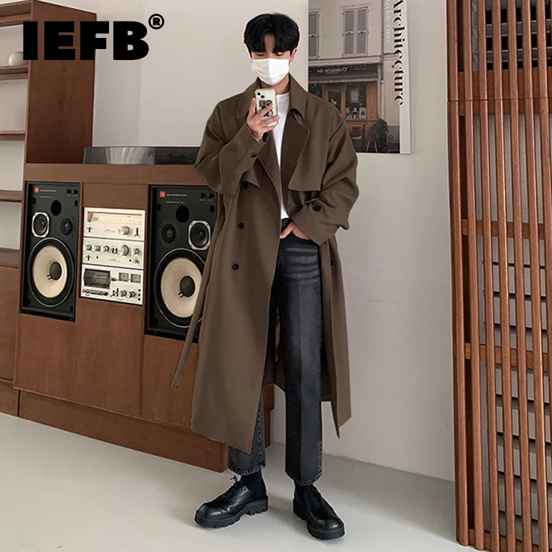 

IEFB Autumn Winter Overcoat Men's Mid Length Coat Korean Fashion Loose Knee Over British Trench With Cotton Windbreakers 9C1874