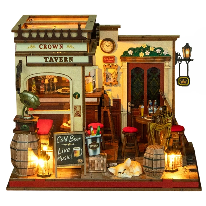 DIY Wooden Crown Tavern Cottage Figurines Miniatures Kits Mini Casa for Friends Birthday Gifts Home Decor Crafts