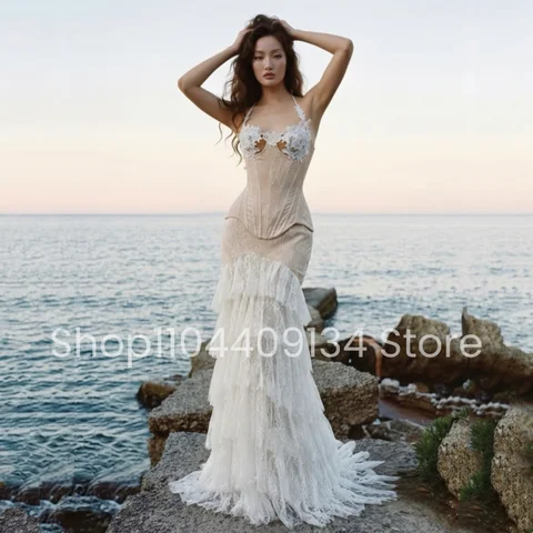 Bohemian Mermaid Wedding Dress Halter Neck Lace Embroidery Corset White Layered Beach Wedding Dress Customized 한국인 리뷰 많은 웨딩드레스
