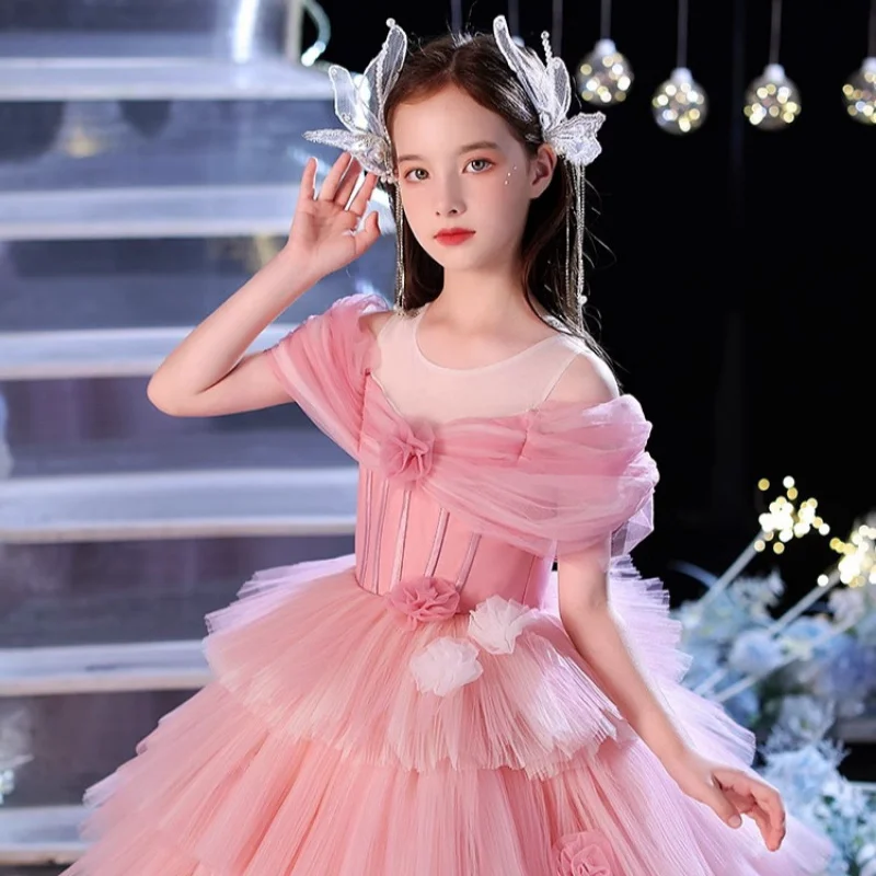 Girls' Formal Dress Princess Gown Light Luxury Stage Show Piano Performance Cake Puffy Dress Pink Children's Performance Costume