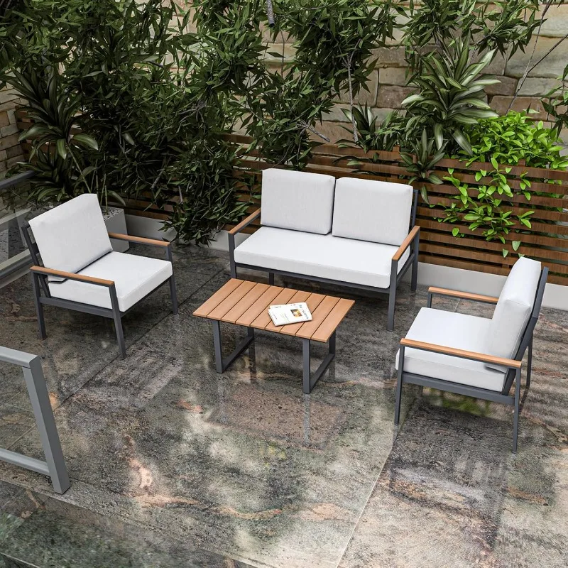 

4-Piece Sofa Set with High Backrests, Off-White Cushions and a Chic Table - Outdoor Conversation Easy Install, Rust-Proof