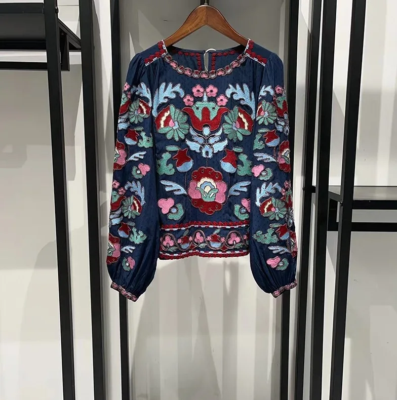 Precio de liquidación, Top/vestido Retro contrastante con cuello en V y bordado Floral en relieve para mujer, principios de otoño