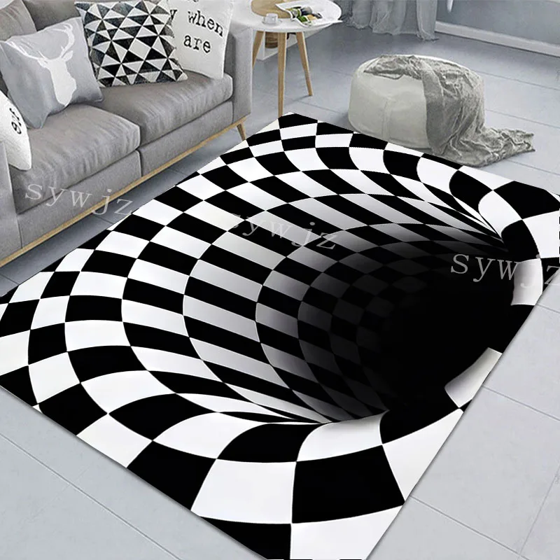 Creative Swirl Carpet Geometric Black and White Grid Bedroom Living Room Non-slip Floor Mat 3D Trap Effect Swirl Illusion Carpet