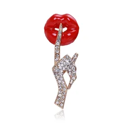 Elegant Cute Sexy Rhinestone Gesture Red Lip Brooches For Women Suit Enamel Mouth Finger Brooch Pins Luxury Design Jewelry Gifts