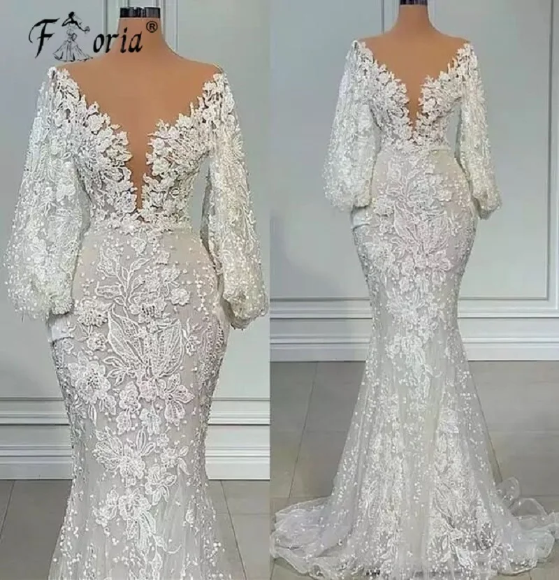 Elegant White Long Sleeves Pearls Mermaid Wedding Dress 2022 Floral Appliques Beaded Deep V Neck Bridal Gown Vestidos De Novia