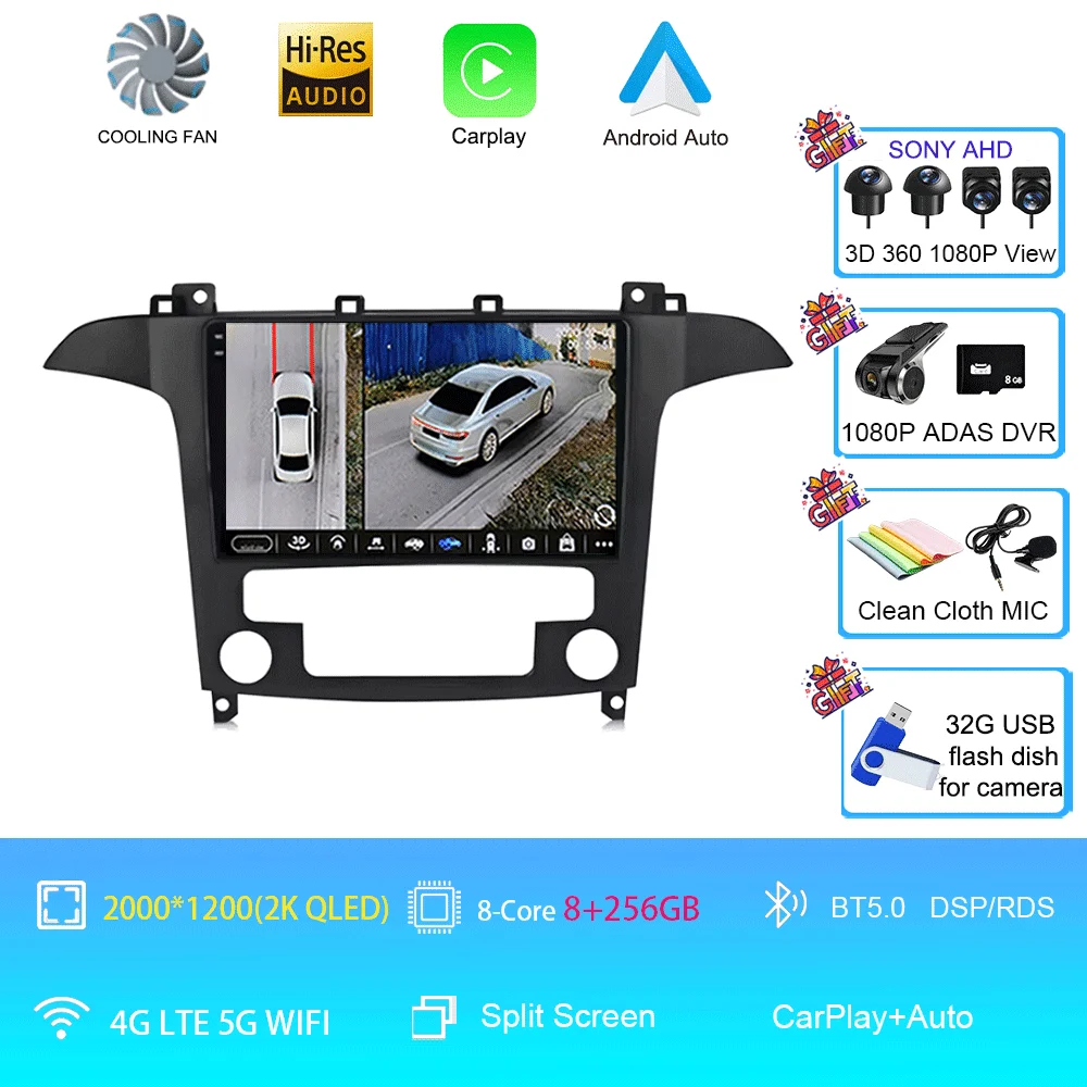 Android 16 voor Ford S-Max S-MAX 2007 2008 2009 2010 2011 - 2015 Videospeler Carplay Auto Multimedia Autoradio WIFI+4G DSP Stereo