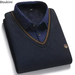 Nuevo 2025 suéter con cuello de camisa acolchado de terciopelo cálido para hombre, suéter ajustado de punto suelto, suéter falso de dos piezas para invierno, Tops cálidos para hombre