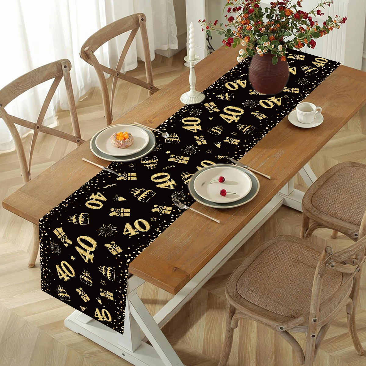 Black Gold 18th 30th 40th Birthday Table Runner Happy Birthday Party Decorationfor Home Table Runner Birthday  Party Supplies