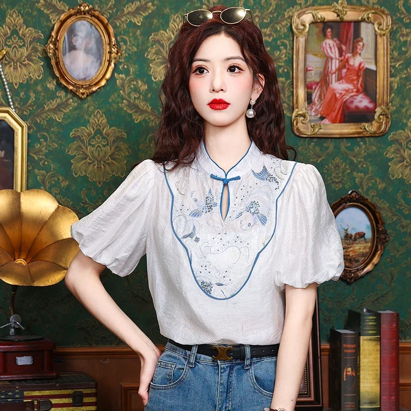 

Printed Chinese Style Women Blouses Summer Loose Short Sleeve Clothing Sales Fashion Tops New Chiffon Vintage Women's Shirts