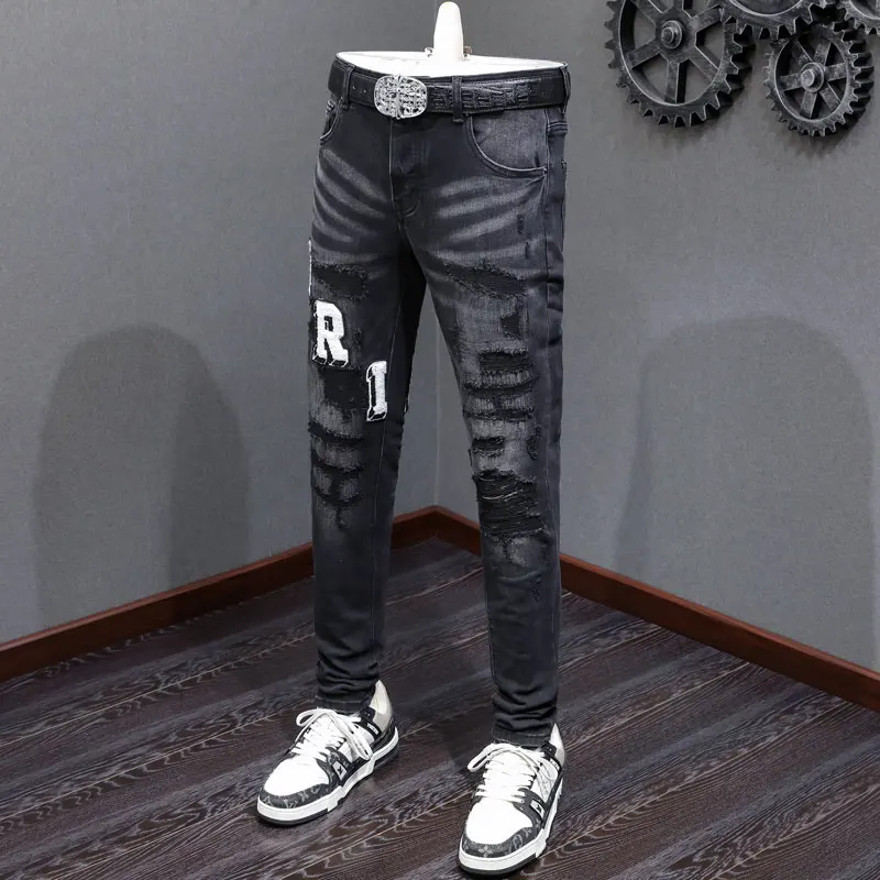 Designer High Street Fashion Jeans Stretch Slimming Retro Black Washed Jeans Patch Designer Hip Hop Brand Splicing Jeans