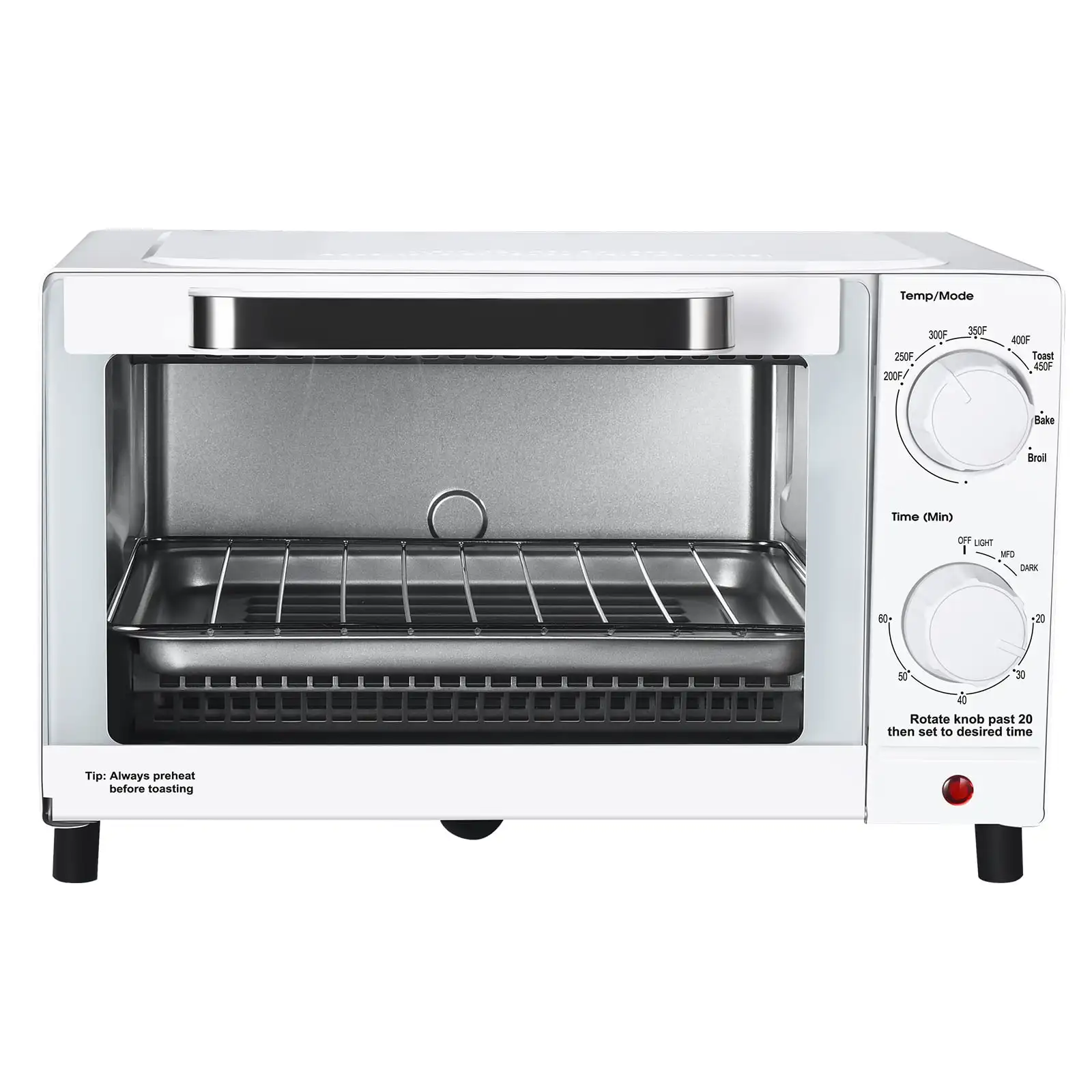 

4 Slice Toaster Oven with 3 Settings, includes Baking Rack and Pan, Arctic White, New