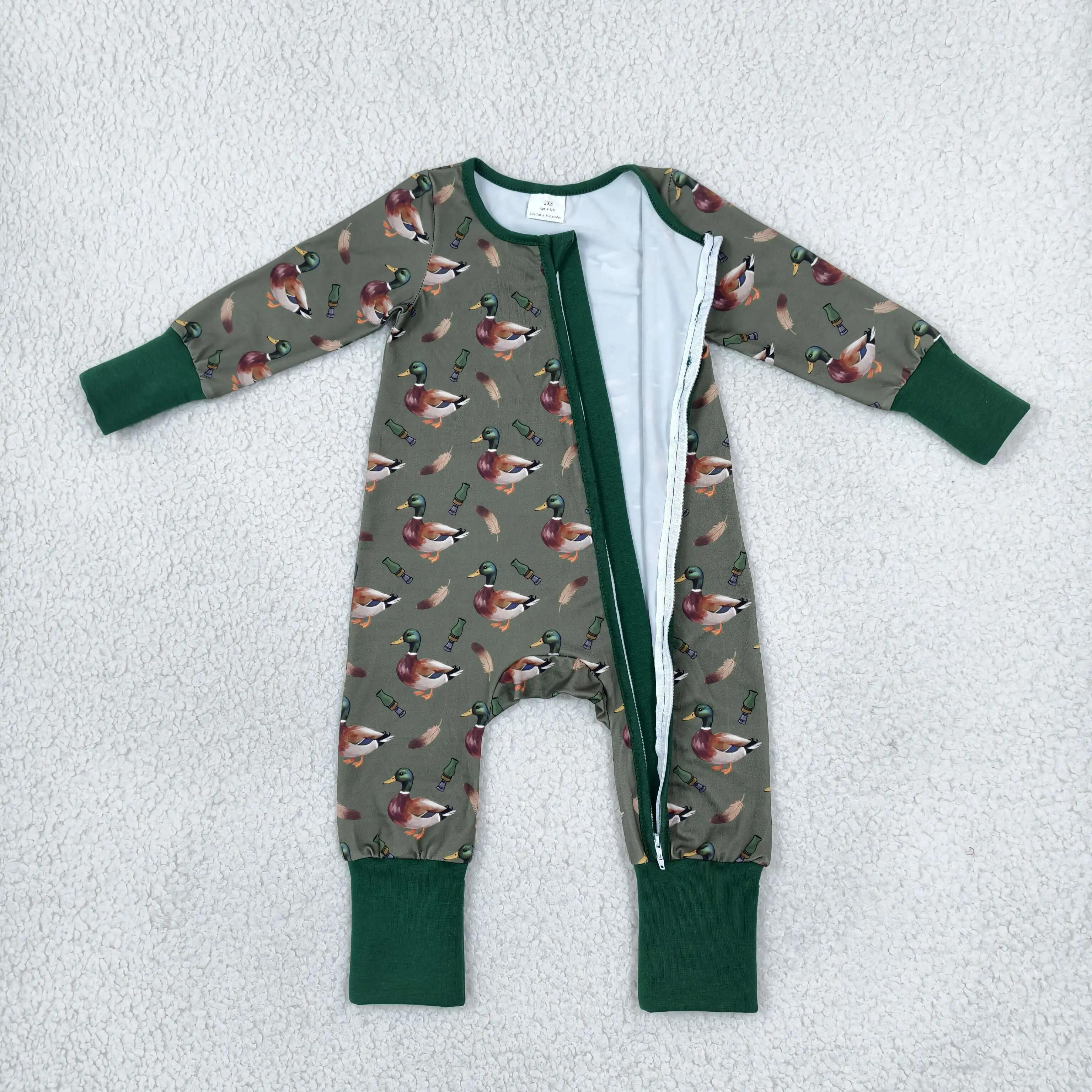 Wholesale Baby Boy Children Long Sleeves Toddler Ducks Zip Romper Kids Infant Newborn Coverall Bodysuit Green Clothing