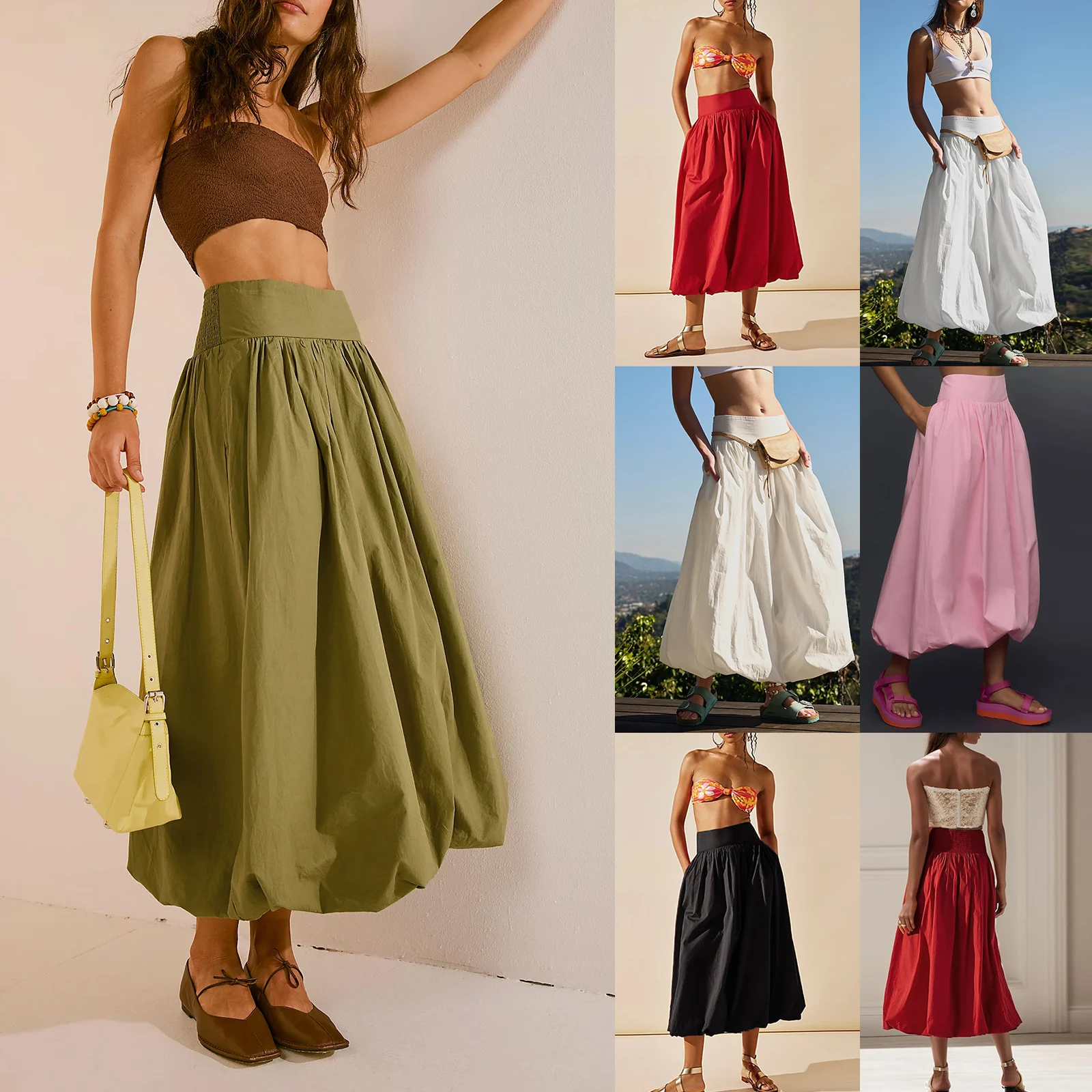 Women's Y2k Bubble Maxi Skirt Low Elastic Waist Ruffle Pleated A-line Long Skirts Summer Beach Loose Cute Puffball Balloon Skirt