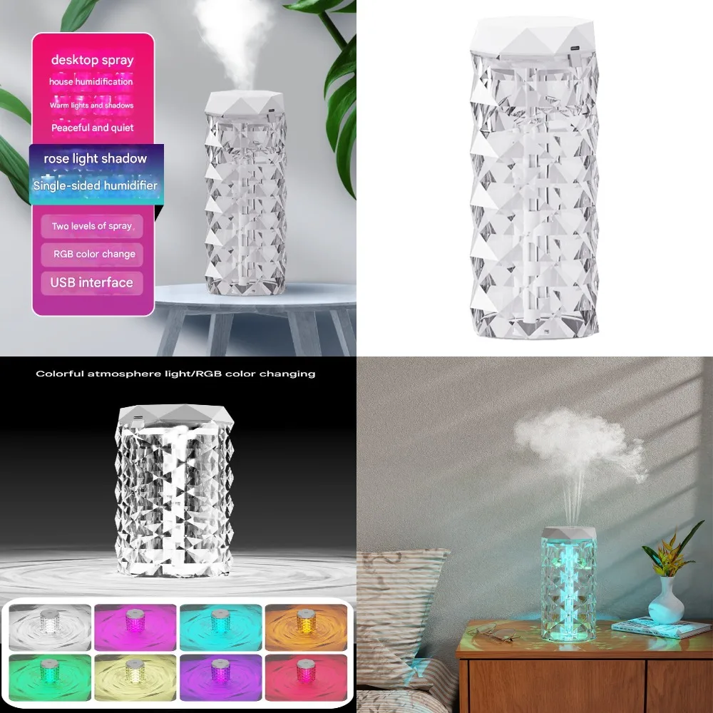 

Кристаллический увлажнитель Mini USB с RGB-подсветкой настроения, 2-скоростным контролем тумана, компактный и портативный для дома, офиса, путешествий — тихий и эффект