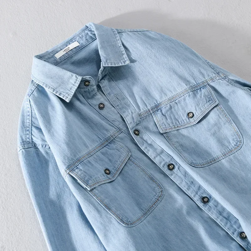 

Весна-осень Новая джинсовая рубашка Мужская повседневная рабочая одежда Топы с двойными карманами Синие джинсовые рубашки с длинным рукавом Мужская корейская ковбойская рубашка в стиле ретро