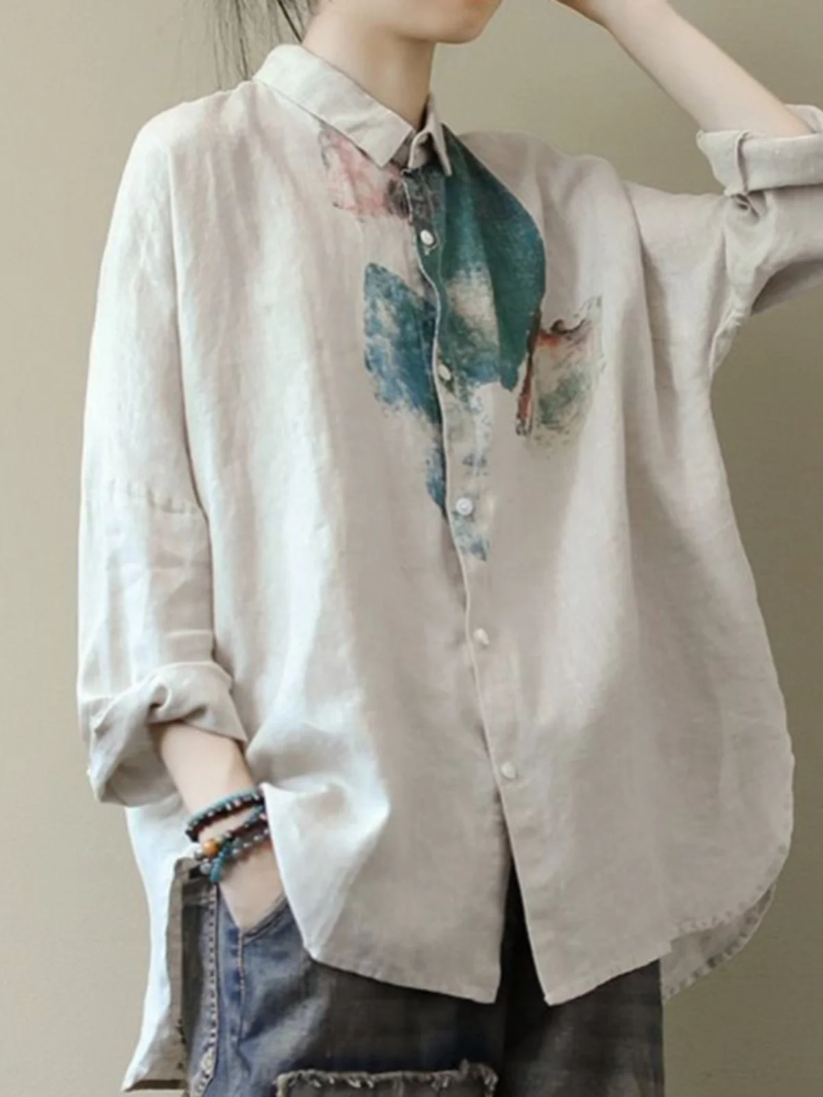 

Женский универсальный повседневный воротник свободного покроя из хлопка и льна с художественным принтом в японском стиле, топ на пуговицах