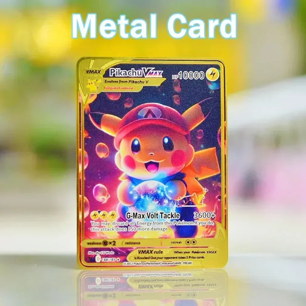 10000HP Pokemon Card Metal Pokémon Letters Charizard Vmax Pikachu Mewtwo Vstar Gold Iron Playing Cards Anime Game Gift Kids Toys