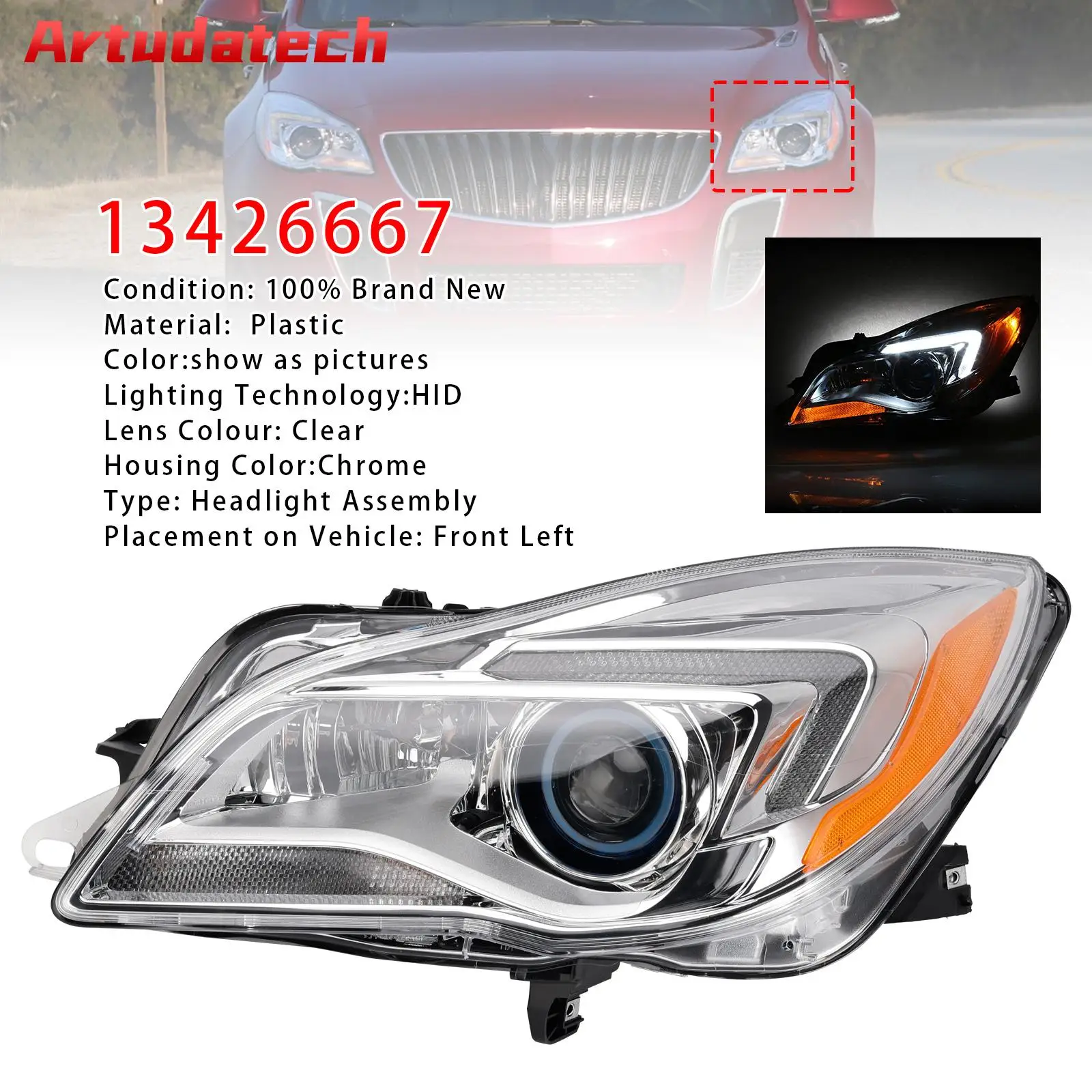 

Левая фара Artudatech HID Xenon 13426667 для Buick Regal 2014 2015 2016 2017, автомобильные аксессуары