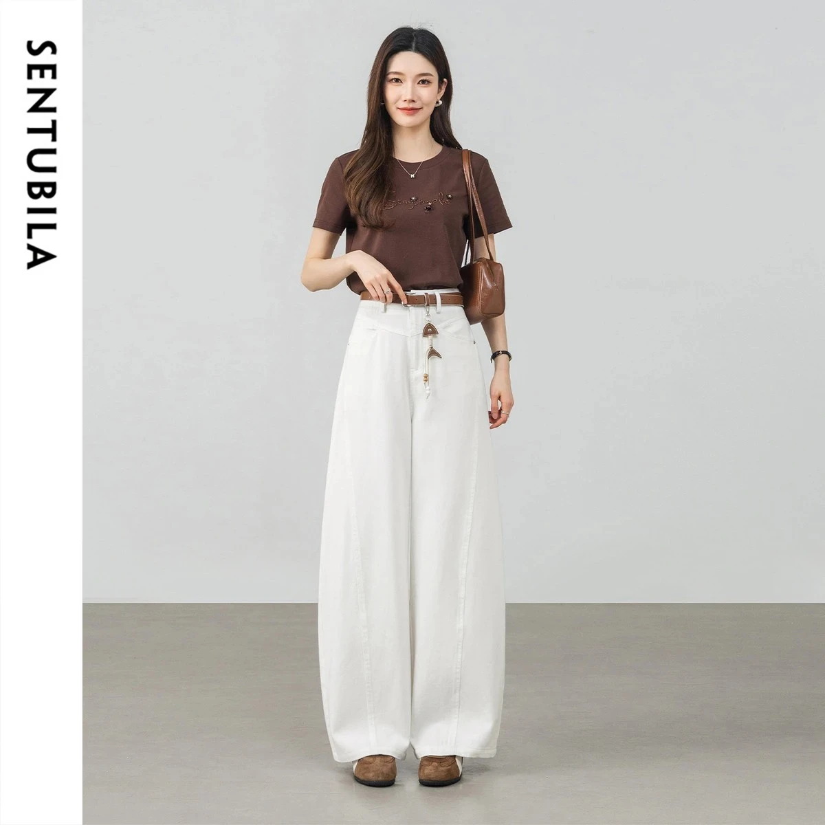 SENTUBILA Women's White Simple High Waist Wide Leg Pants 2026 Summer Detachable Belt Casual Loose Office Long Trousers W62KN6853
