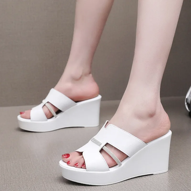 6 8 10cm Small Plus Size 33-43 Comfortable Women\'s Genuine Leather Shoes Summer Slippers 2024 Platform Wedges Slides for Office