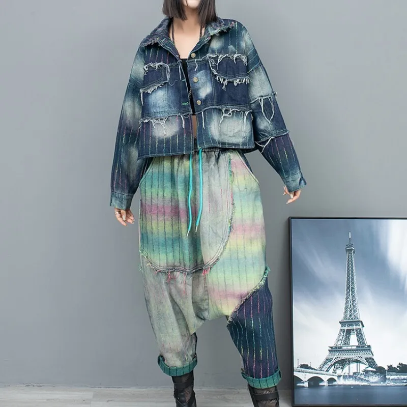 Spring Autumn Distressed Striped Denim Collar Long Sleeved Short Jacket + Large Crotch Pants Two-piece Set Women LX709