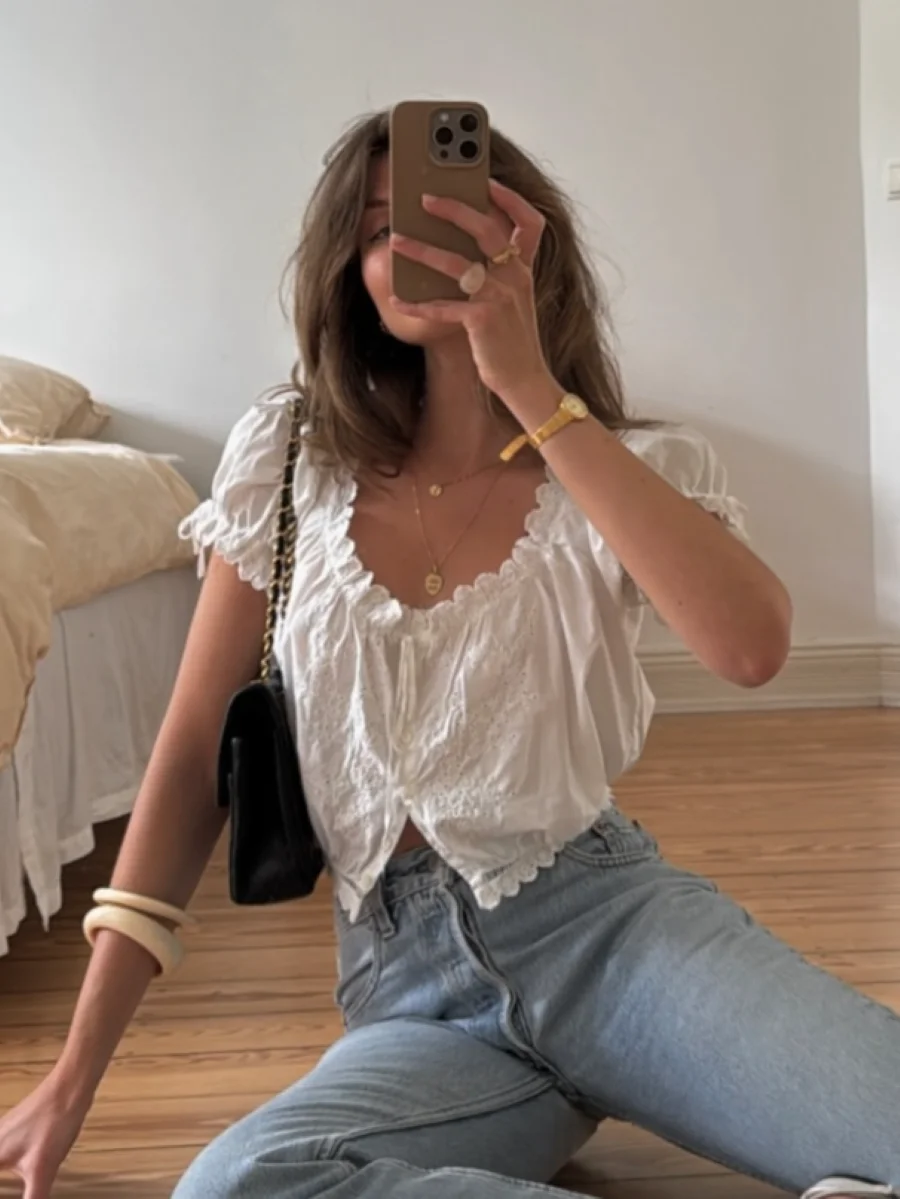 

Women Hollow Out Embroidery White Set Lace Edge Round Neck Puff Sleeve Single Breasted Shirt + High Waist Shorts Cotton Suits