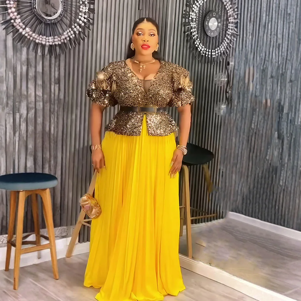 

Muslim Dresses for African Women Wedding Party Evening Gown Long Sleeve Dashiki Sequin Robe Birthday Turkey African Clothing New