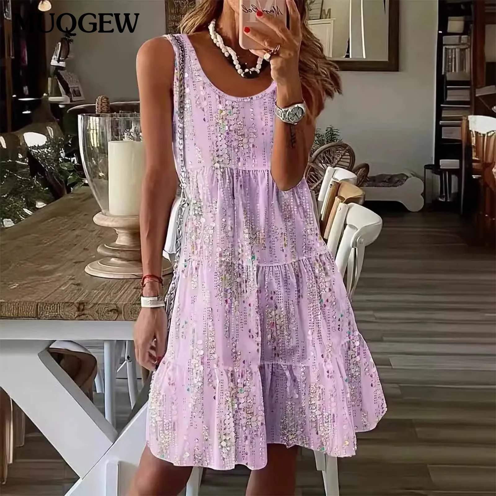 

Elegant Floral Print A Line Dress Summer Bohemian V Neck Ruffles Dress Women Casual Party Beach Mini Sundress Oversized