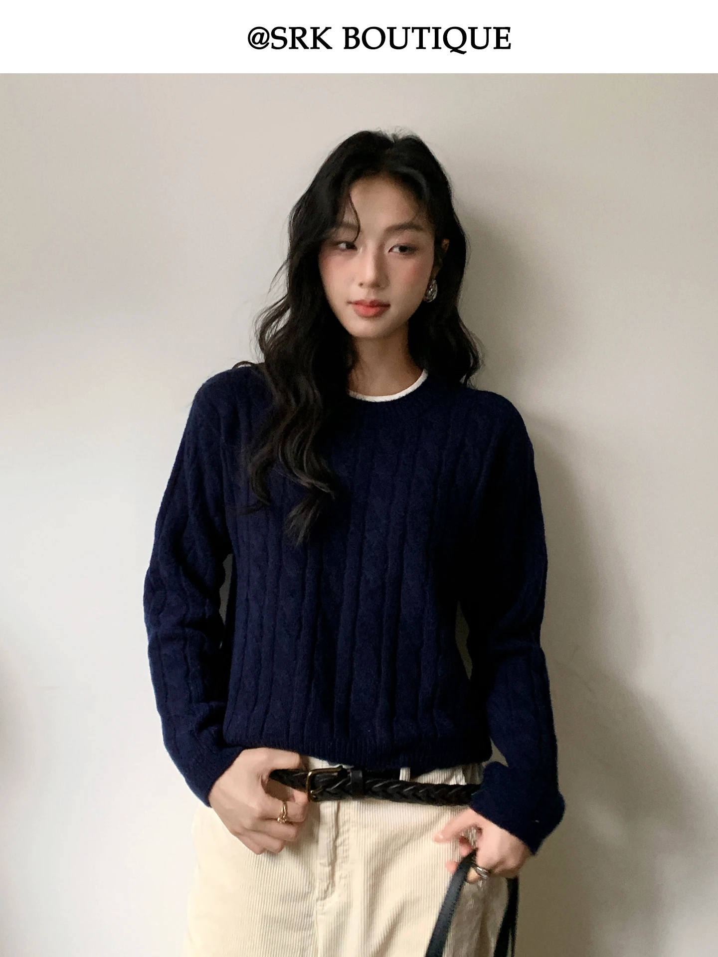 

SRK Vintage Knitted Woolen Sweater Fake Two-Piece Long Sve Color Blo Ne Lazy Versatile Personali Warmth Heating