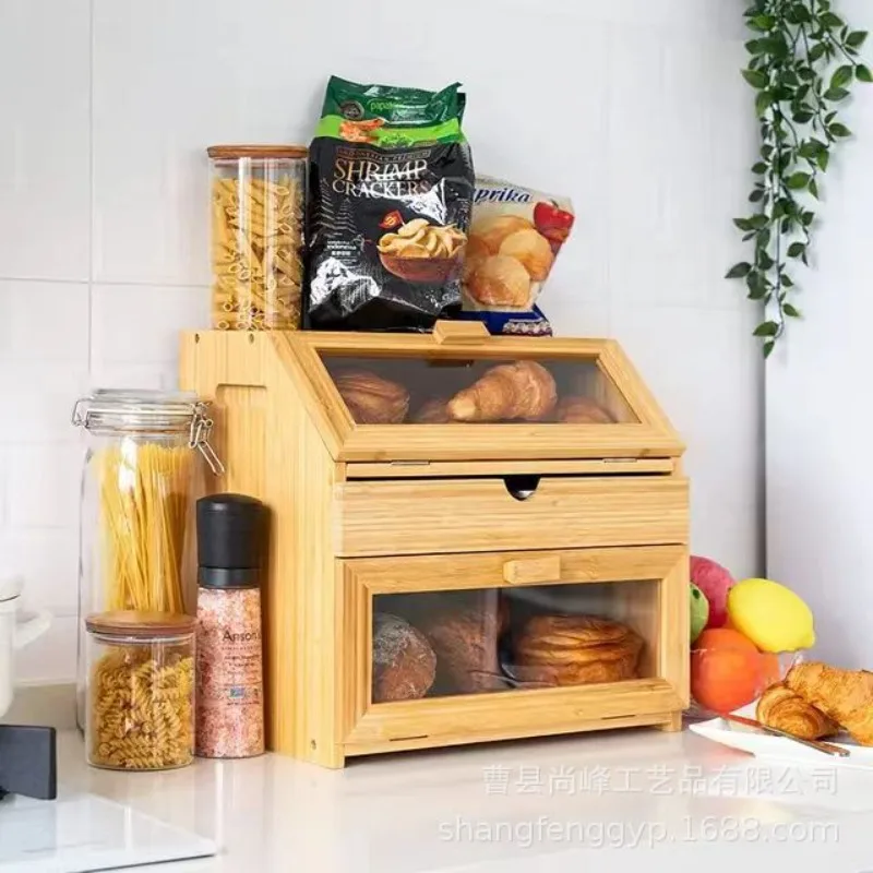 Wooden 3-layer Snack Storage Box Bamboo Bread Box Home Kitchen Storage Box with Drawer Three-layer Organizing