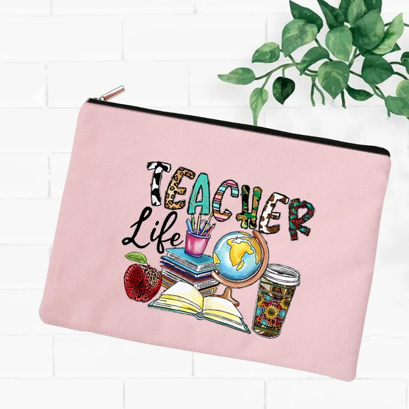 Teacher Life Pattern Pink Canvas Makeup Bag 2023 Gift for Teacher's Day Travel Cosmetics Bag Makeup Storage Organizer Wallet