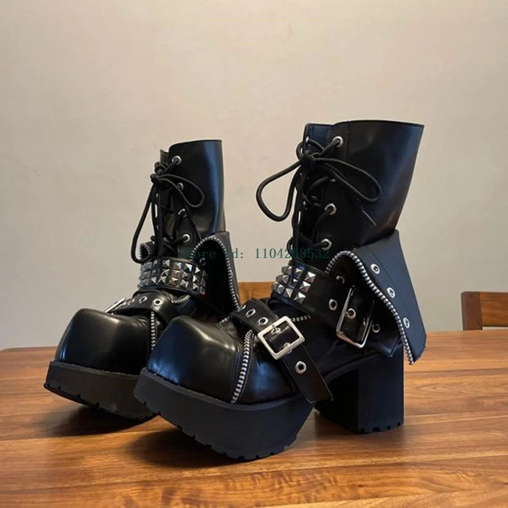 

Rivet Metal Decoration Buckle Strap Platform Boots Square Toe Slip On Square Heel Zipper New Arrivals Slouchy Boots