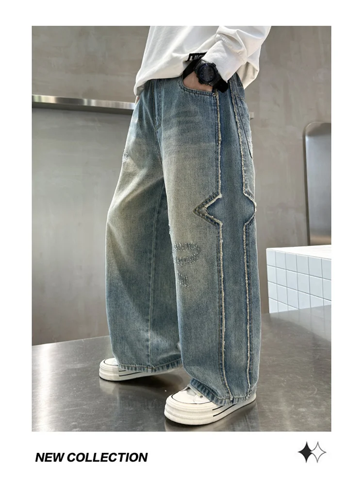 Frühlings- und Herbst-Jeans für Kinder und Jugendliche, Stylische Lose Gerade Hosen für Jungen im Europäisch-Amerikanischen Stil, Hochgeschnittene Baumwoll-Denim-Hosen – Detail 2