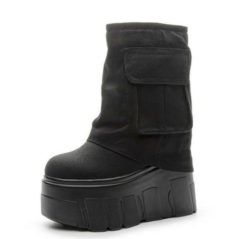 

Джинсовые женские ботинки до середины икры на платформе 14 см, дышащие женские ботинки на танкетке, повседневные сапоги до колена, осенняя женская черная весенняя обувь