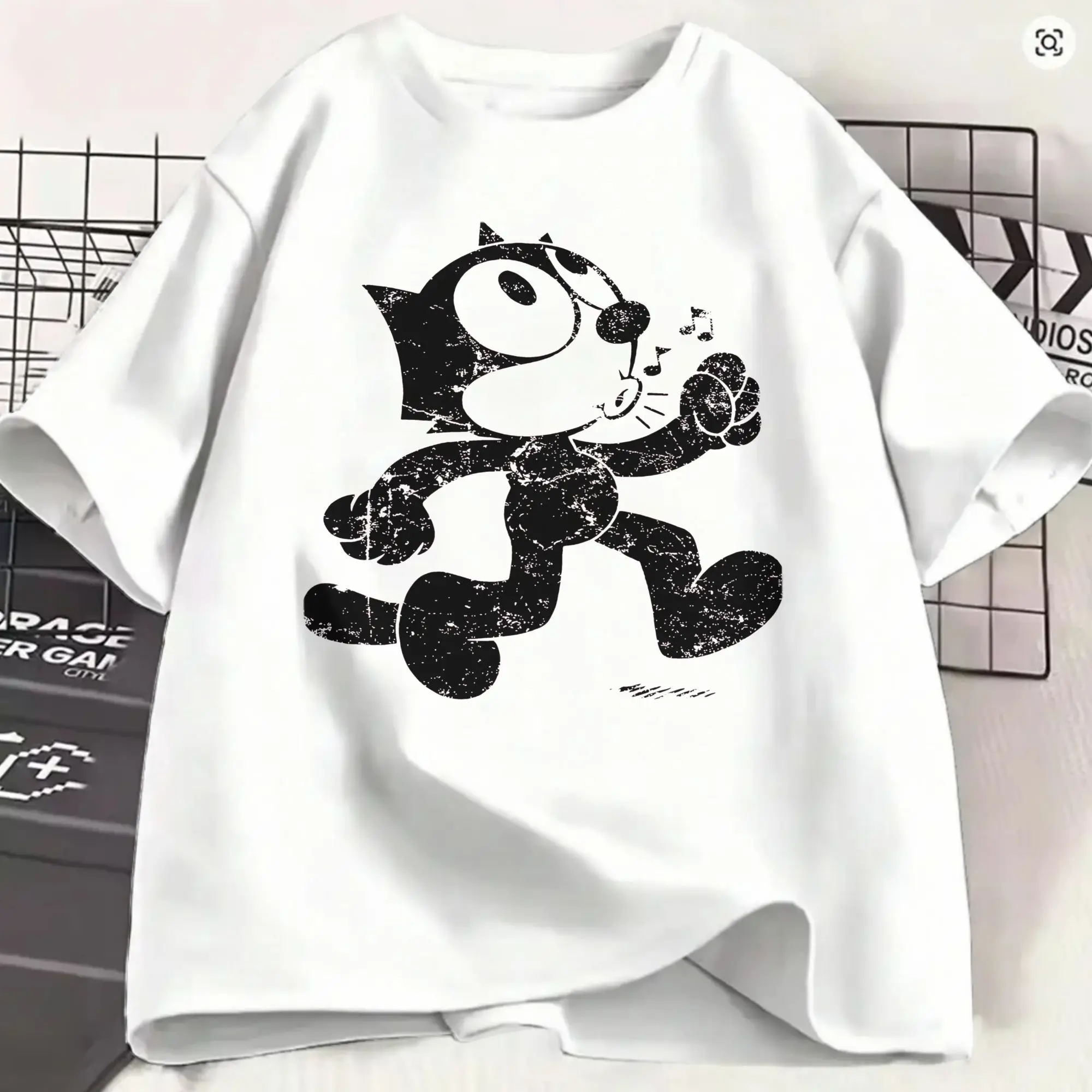 Vintage F-Felixs Black Cat T-Shirt for Men Round Collar 100% Cotton T Shirt  Short Sleeve Tee Shirt Printed Tops