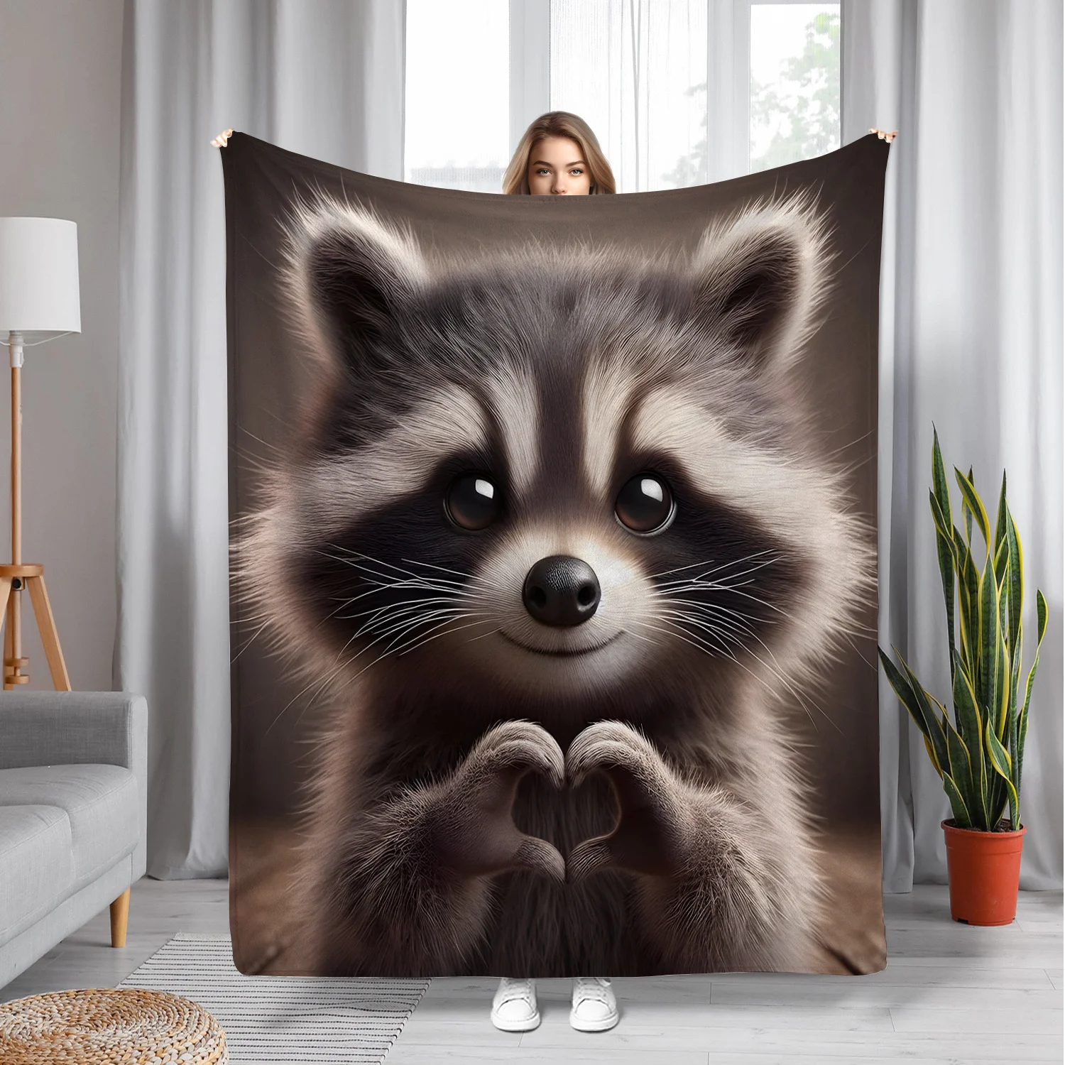 Adorable Raccoon with Heart Hands Blanket - Soft, Cozy, Stylish Decor for Ultimate Home Comfort and Ideal Gift Choice