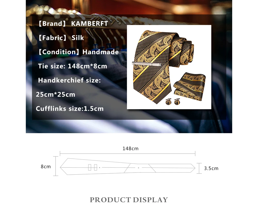 KAMBERFT Neue Klassische Seidenkrawatte für Herren Rot-Gold Gestreift Herrenkrawatte Taschentuch Manschettenknöpfe Set Hochzeit Business Party Gravatas – Detail 2