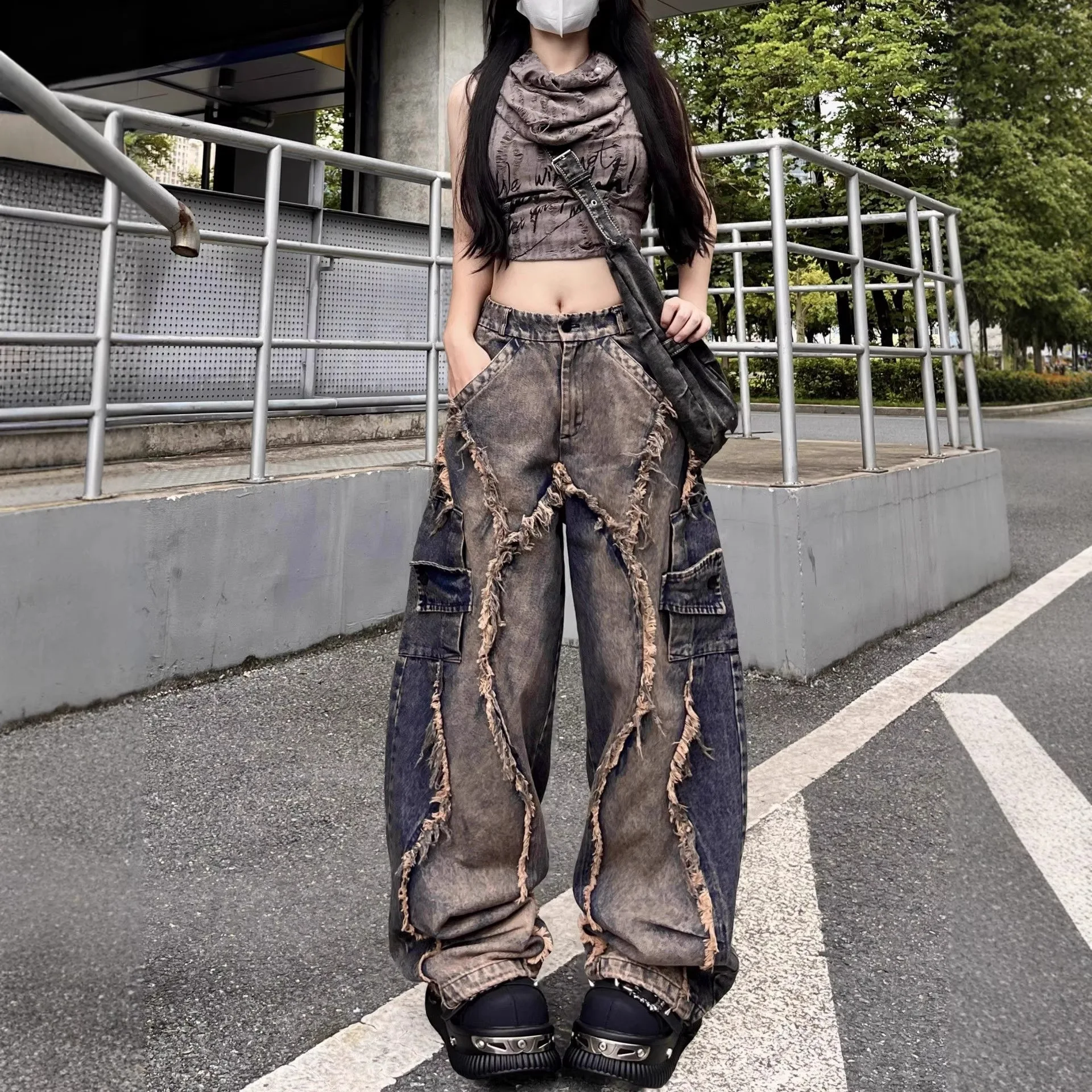 Vintage Fringed Jeans Wide Leg Pants Spliced Hip-hop Street Dance Trend