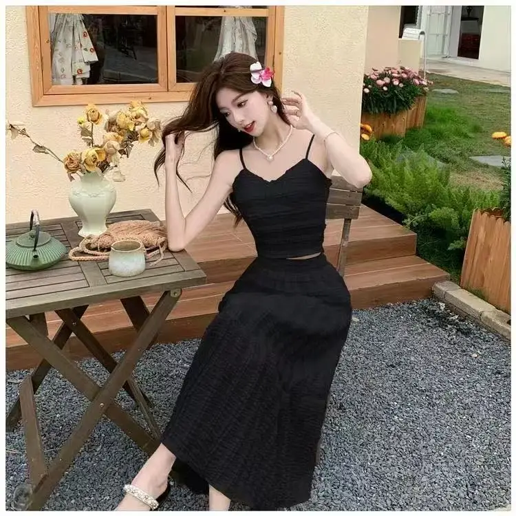 French gentle style summer new high waisted cake skirt+fashionable camisole vest two-piece set