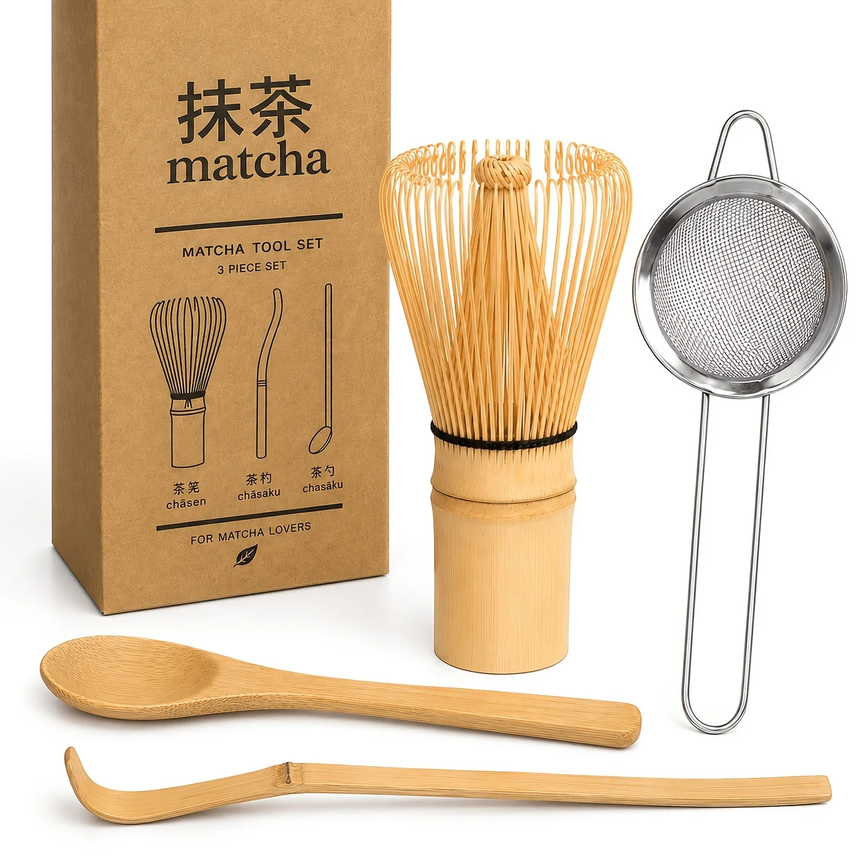 Bamboo Tea Set, Including Gift Box Matcha Whisk, Teaspoon, Tea Strainer, 5pcs Set, for Tea Opening Season